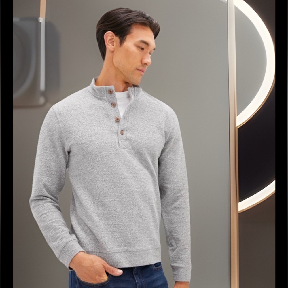 MARINE LAYER GREY CLAYTON TEXTURED 1/4 BUTTON STAND COLLAR PULLOVER SHIRT NWT